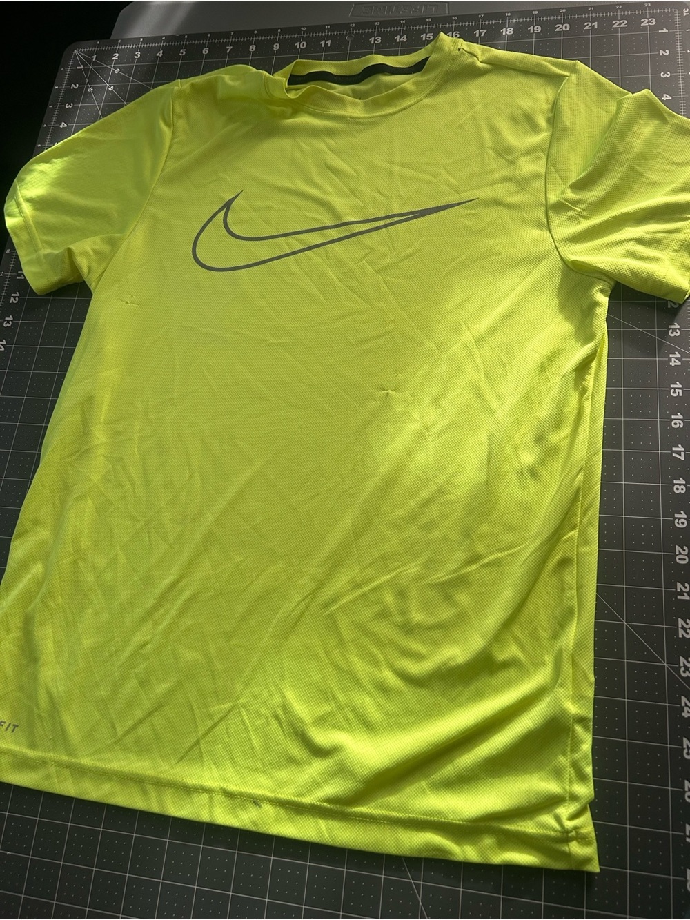 Nike Men's Neon Yellow Green Dri-FIT Tee with Gray Swoosh